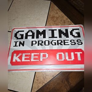 "GAMING IN PROGRESS KEEP OUT" Embossed Metal Sign Game Room Decor